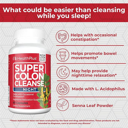 Health Plus Super Colon Cleanse Night Formula Digestive Support | Constipation Relief to Reduce Bloating with Probiotics and Valerian Root for Sleep | More than 1 Cleanse, 60 Capsules