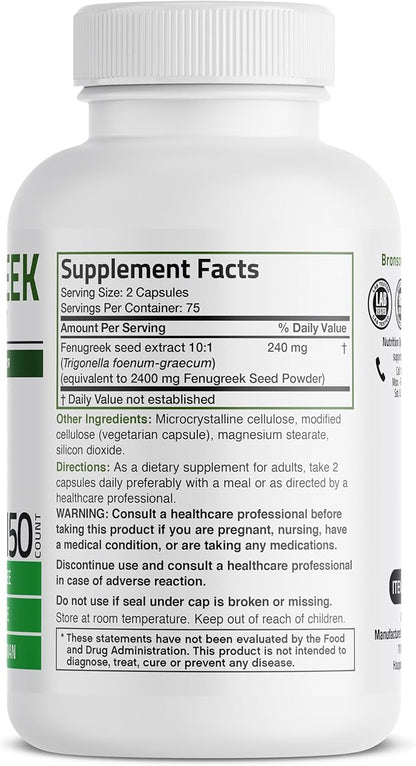 Bronson Fenugreek Seed Powder Capsules Extra Strength, Trigonella Foenum-Graecum, Non-GMO, Soy-Free, Vegetarian, 150 Capsules