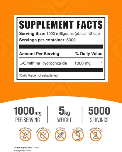 BulkSupplements.com L-Ornithine HCl Powder - L-Ornithine Hydrochloride, Ornithine Supplement - Amino Acids Supplement, Gluten Free, 1000mg per Serving, 5kg (11 lbs) (Pack of 5)