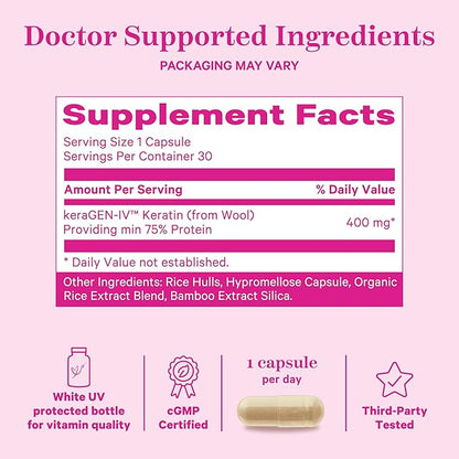 Pink Stork Keratin Hair Loss Supplement for Women - Clinically Studied KeraGEN-IV for Hair Care, Thinning, Shedding and Beauty - Hair Skin and Nails Support - Postpartum Hair Growth - 30 Capsules