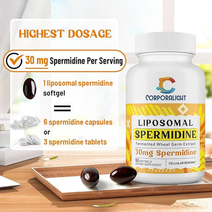 30mg Spermidine Supplement, Liposomal Spermidine, High Absorption, More Potent Than Spermidine 3HCL, Fermented Wheat Germ Extract, Spermidine for Women & Men, Cellular Renewal, Longevity, 240 Softgels