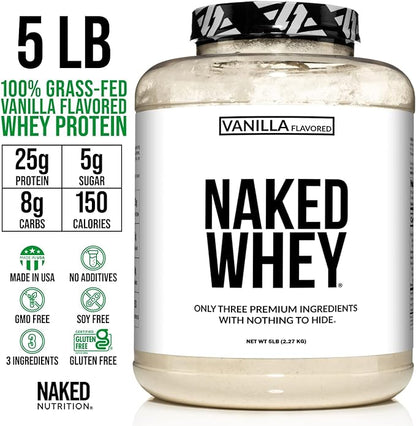 Naked Vanilla Whey Protein Powder - All Natural Grass Fed Whey Protein Powder, Vanilla Flavor, Organic Coconut Sugar, 5Lb Bulk, GMO-Free, Soy Free, Gluten Free - 61 Servings