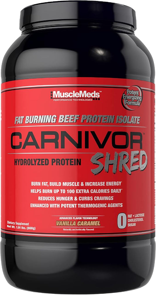MuscleMeds Carnivor Shred Fat Burning Hydrolized Beef Protein Isolate, 0 Lactose, 0 Sugar, 0 Fat, Vanilla Caramel, 2 Pound, 28 Servings