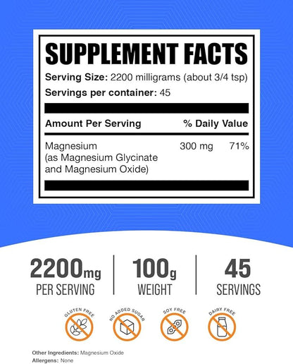 BulkSupplements.com Magnesium Glycinate Powder - Magnesium Bisglycinate, Magnesium Supplement, Magnesium Glycinate 400mg - Gluten Free - 2200mg per Serving, 100g (3.5 oz) (Pack of 1)