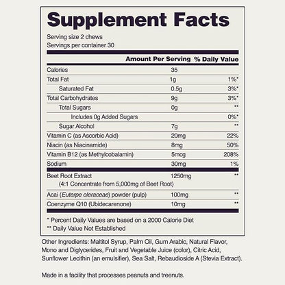 Snap Supplements Nitric Oxide Beet Chews, Nitric Oxide Booster, Natural Energy, Organic Beetroot Powder and COQ10, Support Healthy Blood Flow and Blood Circulation, Sugar-Free, 60 Soft Chews