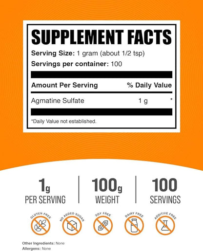 BulkSupplements.com Agmatine Sulfate Powder - Nitric Oxide Supplement, Agmatine Sulfate 1000mg - Unflavored & Gluten Free, 1000mg per Serving, 100g (3.5 oz) (Pack of 1)