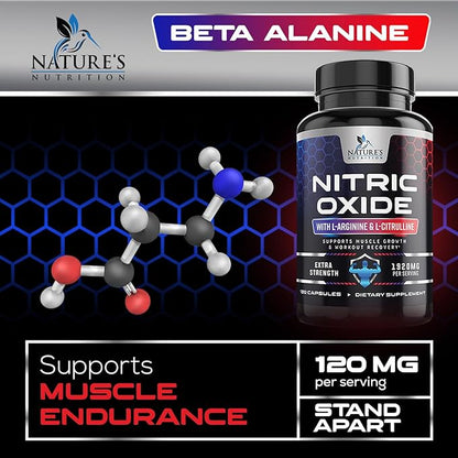 Extra Strength Nitric Oxide Supplement L Arginine 3X Strength - Citrulline Malate, AAKG, Beta Alanine - Premium Muscle Supporting Nitric Oxide Booster for Strength & Energy Supplements - 120 Capsules