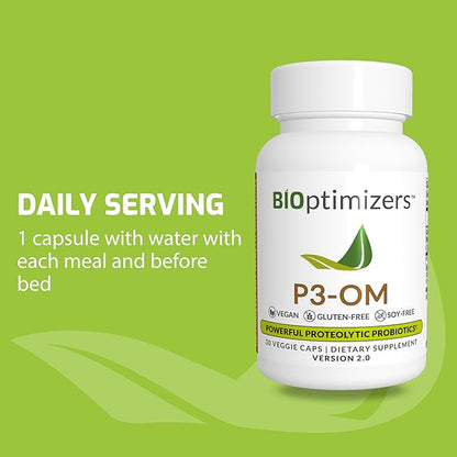 BiOptimizers P3-OM Proteolytic Prebiotics & Probiotics Supplement – Lactobacillus Plantarum for Digestive & Immune Health – Bloating & Gut Relief Support for Men & Women (30 Vegan Capsules)