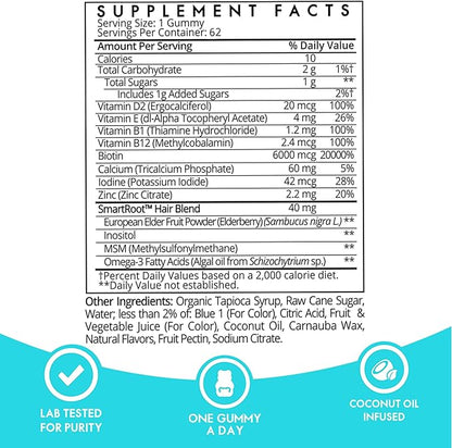 Sugarbear Hair Vitamin Gummy 4 Month Supply Extra Strength Biotin 6000mcg, Growth for Men & Women, Vegan Vitamin B12, MSM, Inositol, Omega 3, Elderberry, Certified Kosher, Halal, Cruelty-Free
