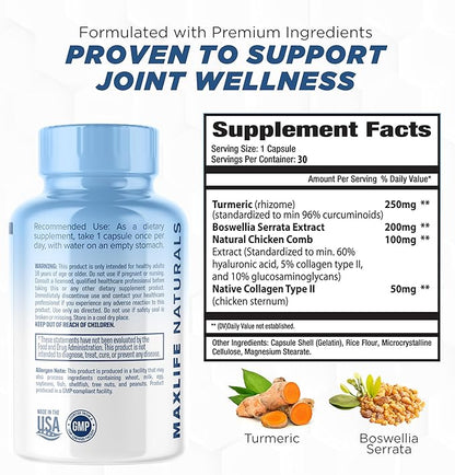 Advanced Joint Support Supplement for Men & Women - Joint Health Supplement - Flexibility & Strength - Discomfort Relief - 30 Servings with Type II Collagen, Turmeric Curcumin, Boswellia Serrata (30)
