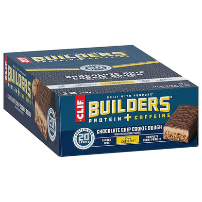 CLIF Builders + Caffeine - Chocolate Chip Cookie Dough Flavor - Plant Based Protein Bars - Gluten Free - Non-GMO - Low Glycemic - 20g Protein - 2.4 oz. (12 Count)