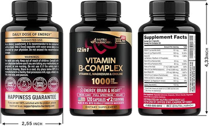 Vitamin B Complex for Men & Women - Made in USA - B-Complex: B1, B2, B3, B5, B6, B7, B8, B9, B12 with Vitamin C, Choline, Inositol - Energy, Brain & Heart Support Supplement, 120 Vegan Capsules