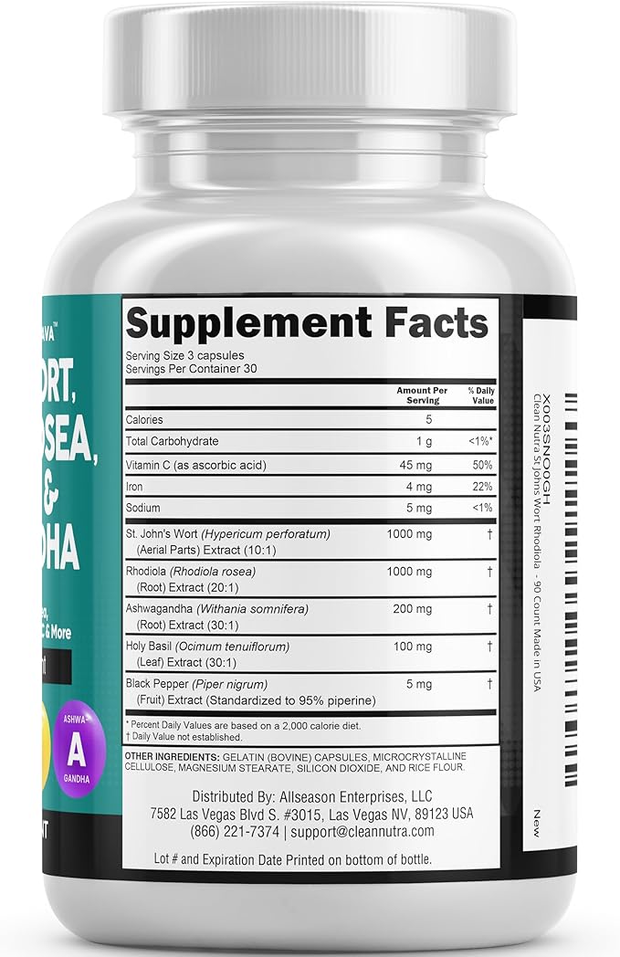 Clean Nutraceuticals St Johns Wort Rhodiola Rosea Holy Basil Ashwagandha - Mood Support for Women and Men with Vitamin C & Black Pepper Extract - 90 Caps
