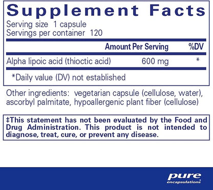 Pure Encapsulations Alpha Lipoic Acid 600 mg - ALA Supplement for Liver Support, Antioxidants, Nerve Health, Cardiovascular Health & Carbohydrate Support - Premium Alpha Lipoic Acid - 120 Capsules