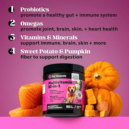 Pet Honesty Multivitamin Dog Supplement, Glucosamine chondroitin for Dogs, Probiotics, Omega Fish Oil, Dog Supplements & Vitamins, Dog Vitamins for Skin and Coat Allergies, (Peanut Butter 90 ct)