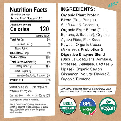 EarthChimp Organic Vegan Protein Powder - with Probiotics - Non GMO, Dairy Free, Non Whey, Plant Based Protein Powder for Women and Men, Gluten Free - 26 Servings 32 Oz (Plain & Unsweetened) No Scoop