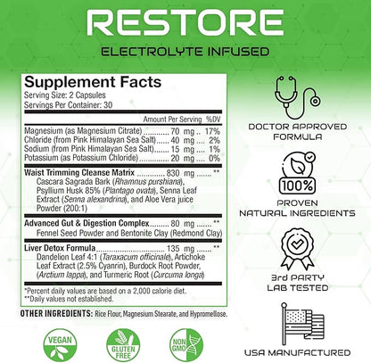Restore 2 In 1 Colon Cleanse & Detox w/ Psyllium - Supports Digestion, Debloating & Constipation Relief for Women & Men, Gut Detox Cleanse w/ Magnesium | Electrolyte Infused Colon Cleanser & Detox