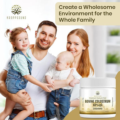 Kroppssund Bovine Colostrum Powder Supplement 3000 mg - Extra High 60% IgG Bovine Colostrum - Gut, Bone, Exercise, Immune - 50 Servings (1 Bottle)