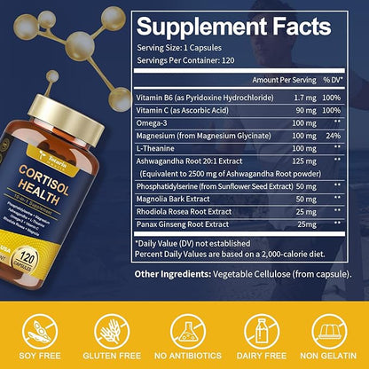 Cortisol Supplement with Ashwagandha,Magnesium,Rhodiola Rosea,L Theanine,Hormone Balance for Women Mood, Focus, Sleep Support 120 Vegan Capsules (Pack of 1)