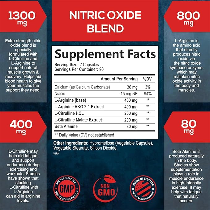 Extra Strength Nitric Oxide Supplement L Arginine 3X Strength - Citrulline Malate, AAKG, Beta Alanine - Premium Muscle Supporting Nitric Booster for Strength & Energy to Train Harder - 180 Capsules