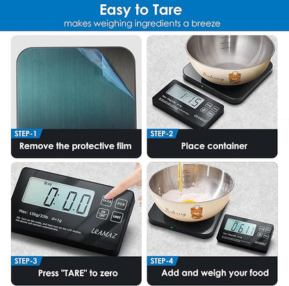 Food Scale with Split LCD Display, 33Lb Stainless Steel Kitchen Scales Digital Weight Grams and Ounces for Cooking, Baking, Sourdough Bread, Food Scales for Kitchen, Weight Loss, Meal Prep, 1g/0.1oz