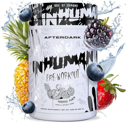AFTERDARK INHUMAN Pre-Workout Powder, Enhanced Mind-Muscle Connection, Sustained Energy, Potent Nootropic Blend, Vegan, Gluten-Free, Soy-Free, 400mg Caffeine, No Crash, Paradise Punch