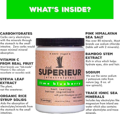 Superieur Electrolytes–Plant Based Electrolyte Supplement w/Sea Minerals for Hydration & Recovery–Keto Friendly, Non-GMO, Zero Sugar, Vegan, Healthy Sports Drink Powder–Lime Blueberry (70 Servings)