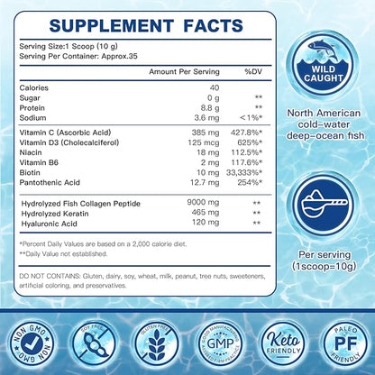 ZEBORA Marine Collagen Peptides Powder with Hyaluronic Acid, Keratin - Wild Caught Hydrolyzed Fish Collagen with Multivitamins - Support Skin Hair Nail Joints, Keto Friendly, 35 Servings