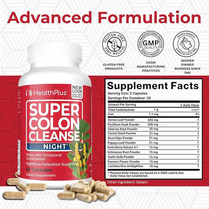 Health Plus Super Colon Cleanse Night Formula Digestive Support | Constipation Relief to Reduce Bloating with Probiotics and Valerian Root for Sleep | More than 1 Cleanse, 60 Capsules