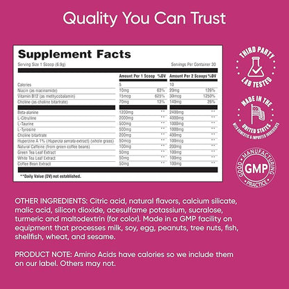 Boost & Focus Powder, Increase Energy and Cognitive Performance, Pre Workout, Custom Dosing, VIT B12, Niacin, Choline, L-Tyrosine, No Artificial Flavors, 30 Servings (Mango Twist)