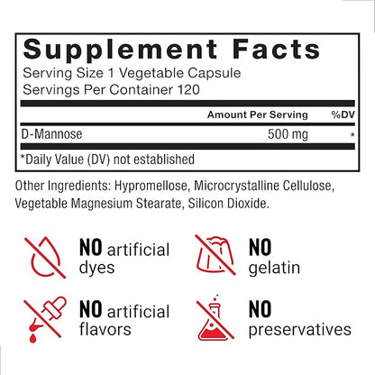 FORCE FACTOR D Mannose, D-Mannose 500mg Supplement to Support Urinary Tract Health for Women and Men, Bladder Control Supplements, Premium Quality, Vegan, Non-GMO, 120 Capsules