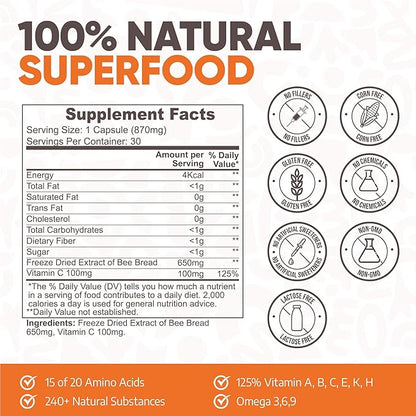 Bee Bread Capsules - Fermented Bee Pollen & Honey, 100% Natural Multivitamin, Superfood for Energy, Metabolism, Sleep, Recovery, Immunity | Rich in Vitamin C, B, Amino Acids, Antioxidants, Minerals