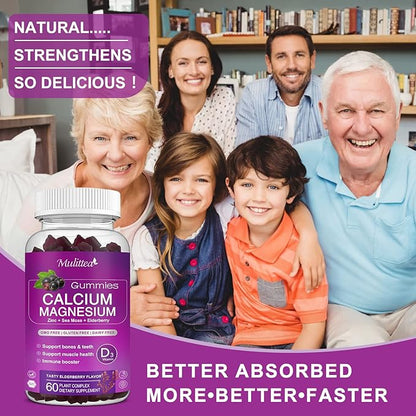 Calcium Magnesium Zinc Gummies with High Absorption Magnesium Glycinate 200mg, Potassium -Plant Calcium Supplement w/ D3 & Sea Moss for Bone, Muscles, Calm Mood & Sleep Support- Kids & adults (3 Pack)