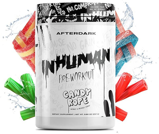 AFTERDARK INHUMAN Pre-Workout Powder, Enhanced Mind-Muscle Connection, Sustained Energy, Potent Nootropic Blend, Vegan, Gluten-Free, Soy-Free, 400mg Caffeine, No Crash, Candy Rope