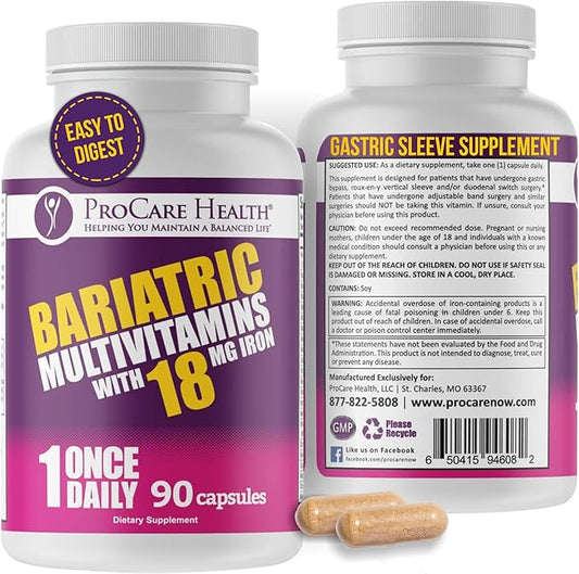 ProCare Health Bariatric Multivitamin with Iron 18mg (03 Month Supply) - Post-Op Bariatric Vitamins for Gastric Bypass Bariatric Surgery Patients, Supports Recovery (90 Easy to Swallow Capsules)