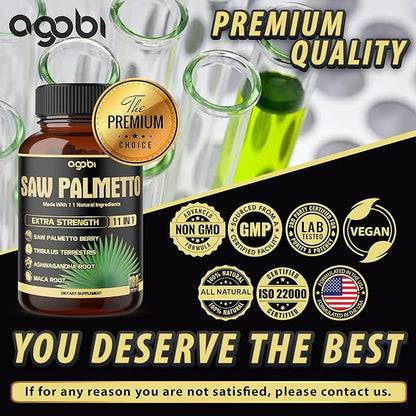 11in1 Saw Palmetto Capsules - Equivalent 5300mg with Ashwagandha, Turmeric, Tribulus, Maca, Green Tea, Ginger, Holy Basil & More - Healthy Prostate & Hair Support - 180 Count 6-Month Supply