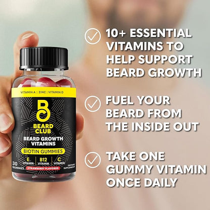 The Beard Club Biotin Beard Growth Vitamin Gummies - Beard and Hair Supplement for Men - Vitamins B12, E, & C to Support a Thicker Fuller Looking Beard - Mens Beard Care - Strawberry Gummy