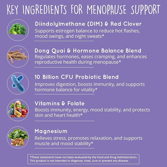 Menopause Support – DIM Supplement + Probiotics | Estrogen Supplement for Women | Dong Quai for Menopause Relief | Hormone Balance for Women | Hot Flashes, Mood Swings, & Night Sweats - Vegan, 60ct