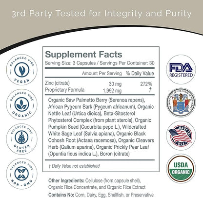 Balanced Vibe 11-in-1 Prostate Support Supplement for Men’s Health | Organic Prostate Formula | Less Bathroom Trips, Better Sleep | Pygeum and Saw Palmetto Prostate Complex w Beta-Sitosterol(90ct)