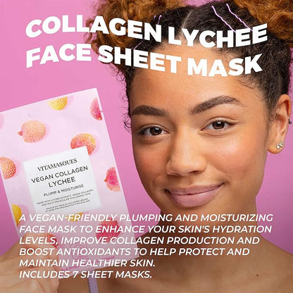 Vitamasques Vegan Collagen Lychee Face Sheet Mask Plumping & Moisturizing Facial Mask with Lychee Extract & Hyaluronic Acid - Natural & Biodegradable