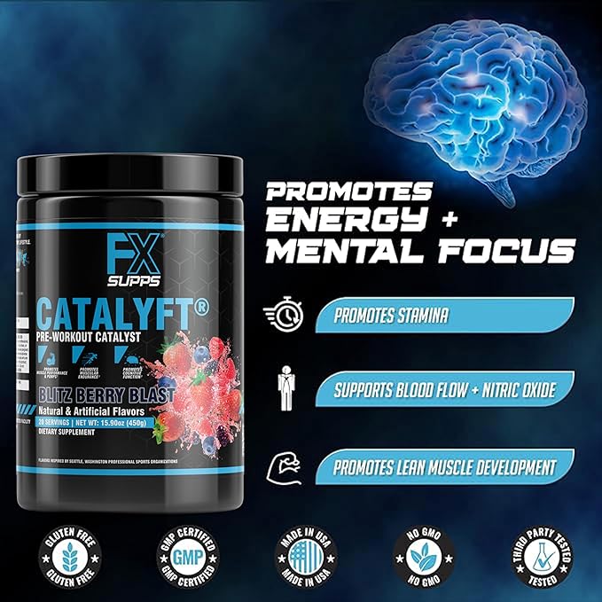 Catalyft Pre-Workout PowderDrink for Men and Women Blitz Berry Blast Dietary SupplementMix with Creatine,Caffeine & Beta-Alanine | Best for Energy Pump,Muscle Gain & Focus,20 Servings(1 Pack)