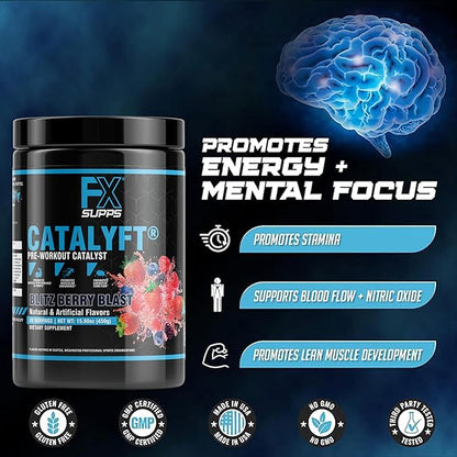 Catalyft Pre-Workout PowderDrink for Men and Women Blitz Berry Blast Dietary SupplementMix with Creatine,Caffeine & Beta-Alanine | Best for Energy Pump,Muscle Gain & Focus,20 Servings(1 Pack)