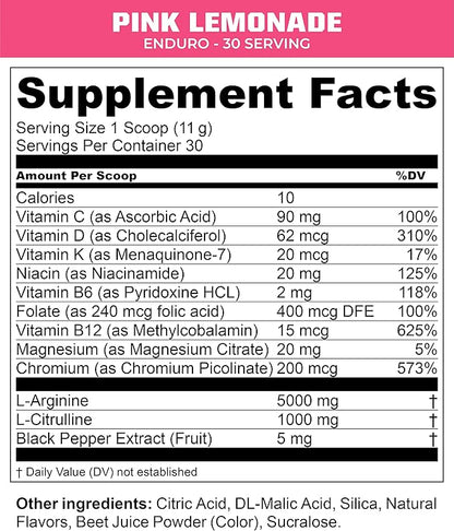 MTN OPS Enduro Nitric Oxide Supplement & Stim-Free Pre Workout - 30 Servings - with Magnesium Citrate, Beet Root Powder, Niacinamide, L Arginine & L Citrulline - Pink Lemonade Flavor