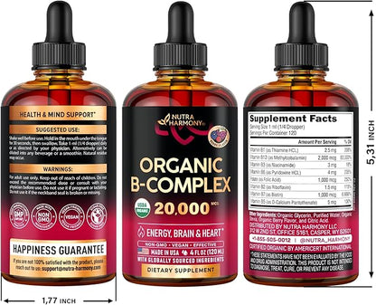 USDA Organic Vitamin B-Complex B5 Pantothenic Acid | B12 Methylcobalamin | B1 Thiamine | B6 Pyridoxine | B7 Biotin | B9 Folic | B3 Niacinamide - B Complex Liquid Drops, Made in USA Supplement, 4fl oz