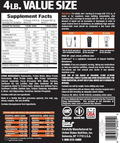 Body Fortress Super Advanced Mass Gainer, Chocolate Protein Plus Surplus Calories for Muscle Mass Gain Support 1-4lb. Jar