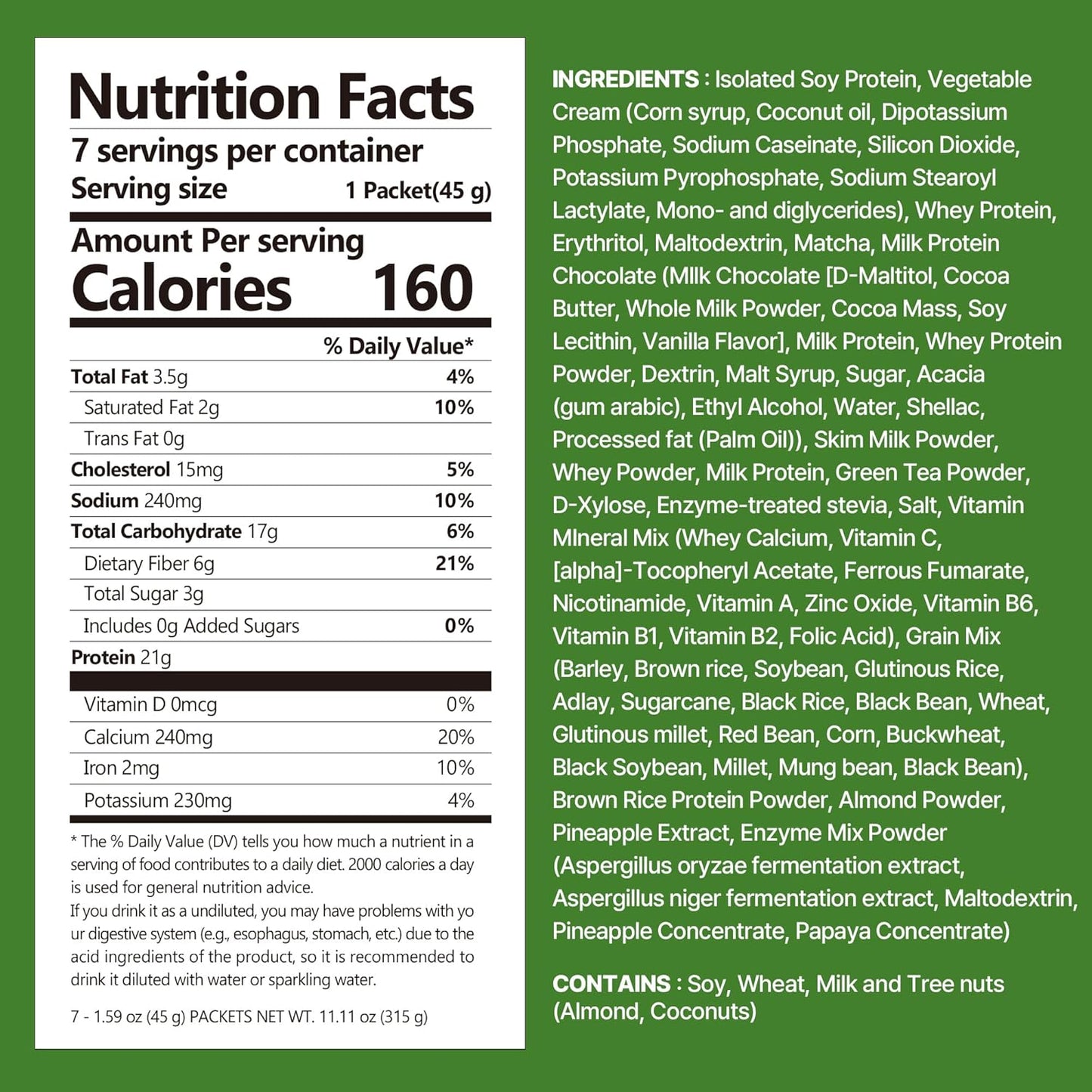 Green Tea Matcha Protein Shake, 21g Protein, Low Sugar, Keto-Friendly Meal Replacement Shake, 1.59oz, 7packs, With Crunchy Protein Crisps