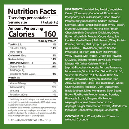 Green Tea Matcha Protein Shake, 21g Protein, Low Sugar, Keto-Friendly Meal Replacement Shake, 1.59oz, 7packs, With Crunchy Protein Crisps