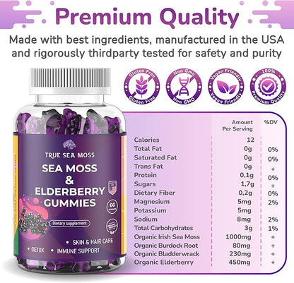 Sea Moss Elderberry Gummies with Magnesium, Burdock Root and Bladderwrack - Immune Support for Kids and Adults 60pcs - Bag Pack of 1