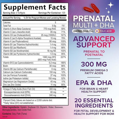 Women's Prenatal Multivitamin with Folic Acid + DHA, Prenatal Vitamin Supplement for Fetal Support w/Folate, Omega 3, Vitamins D3, B6, B12 & Iron, Pregnancy Prenatal DHA, Non-GMO - 240 Softgels