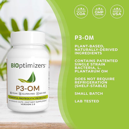 BiOptimizers P3-OM Proteolytic Prebiotics & Probiotics Supplement – Lactobacillus Plantarum for Digestive & Immune Health – Bloating & Gut Relief Support for Men & Women (60 Vegan Capsules)
